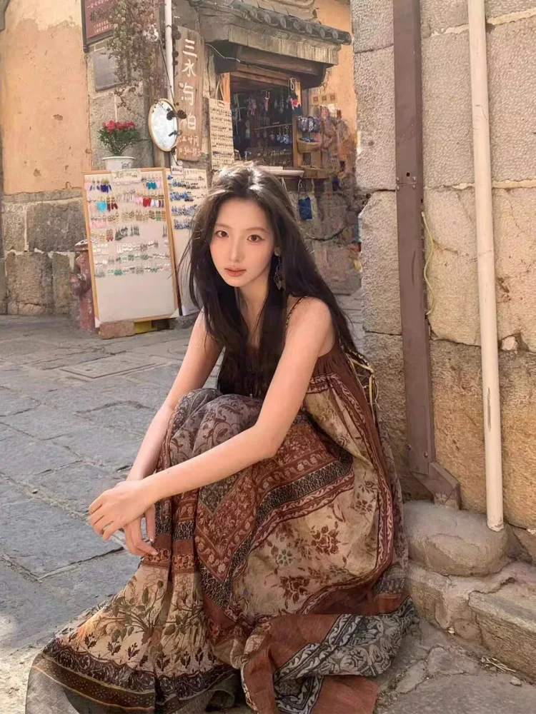 Retro Print Strap Long Dr Vaion Beachwear Tourist Clothing Women's Loose Waist Polyester Fiber Summer Soft Fabric