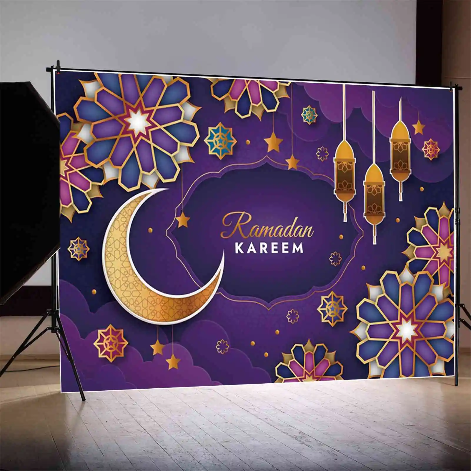 MOON.QG 2025 عيد الفطر رمضان مبارك خلفية ديكور الحفلات الإسلامية خلفية أزرق أرجواني المنزل استوديو الصور راية الدعائم