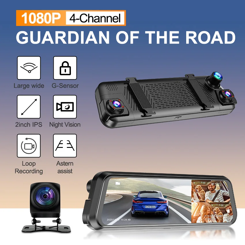 

4-Channel Rearview Mirror Dash Camera 360° Recording Car DVR Interior WiFi App 1080P Night Vision 24H Parking Monitor
