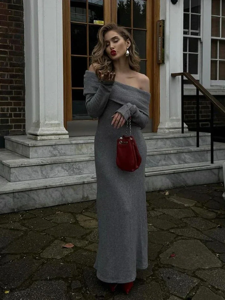 

Chic Off-Shoulder Sweater Maxi Dress for Women Knitted Bodycon Backless Long Sleeve Dresses Female Club Party Evening Robes
