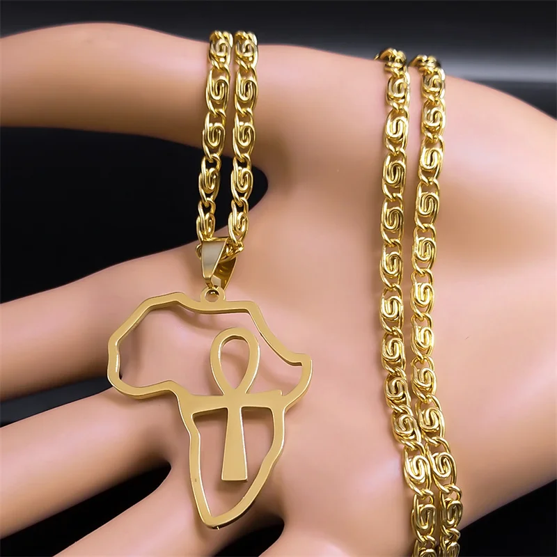 

African Map Border Line Pendant Necklaces Women Men Stainless Steel Gold Color Ankh Cross Key of Life Necklaces Jewelry N8093S05