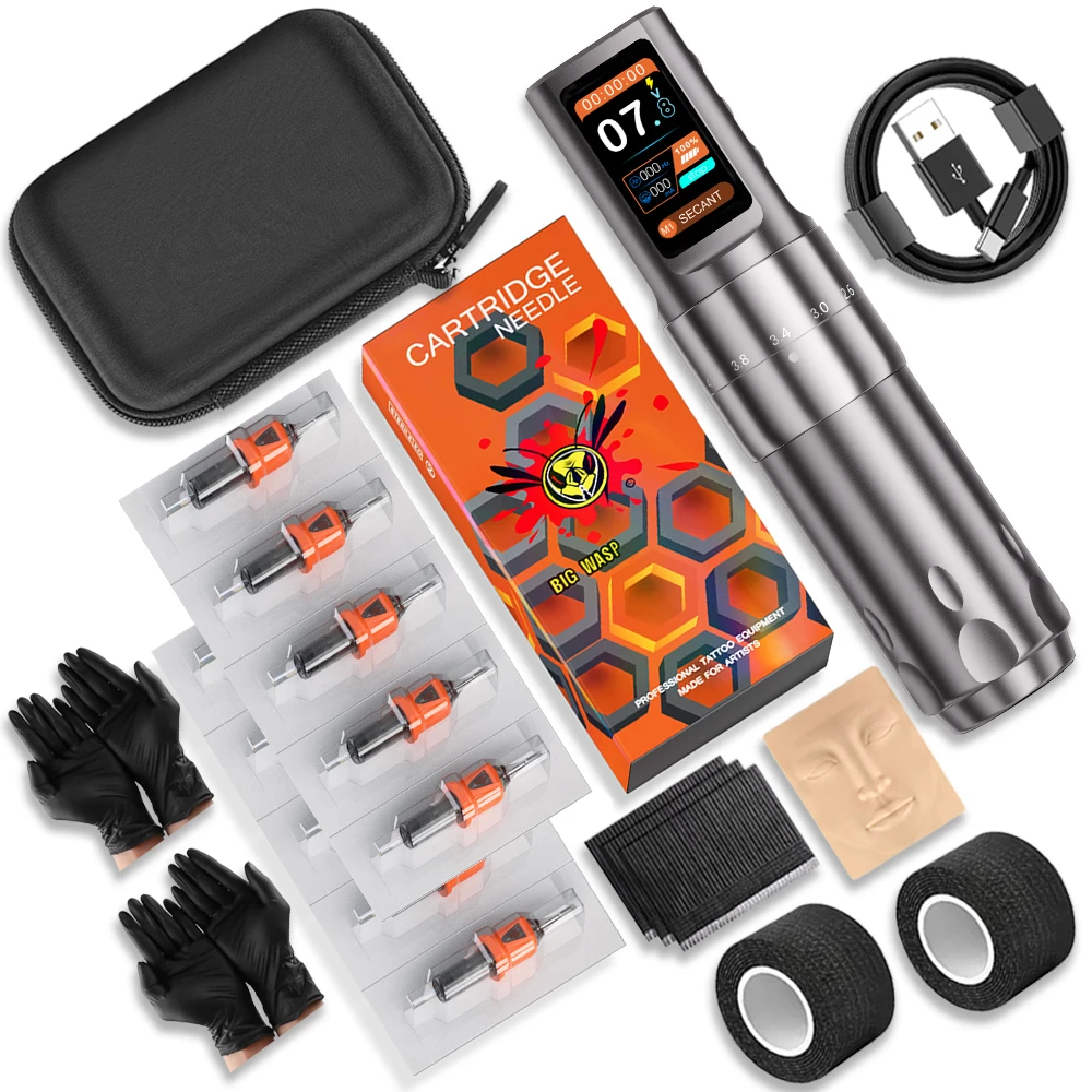 

BIGWASP Wireless Tattoo Machine Set Coreless Motor 7 Stroke Adjustable With 10pcs Mixed Tattoo Needles For Tattoo Artist Supply