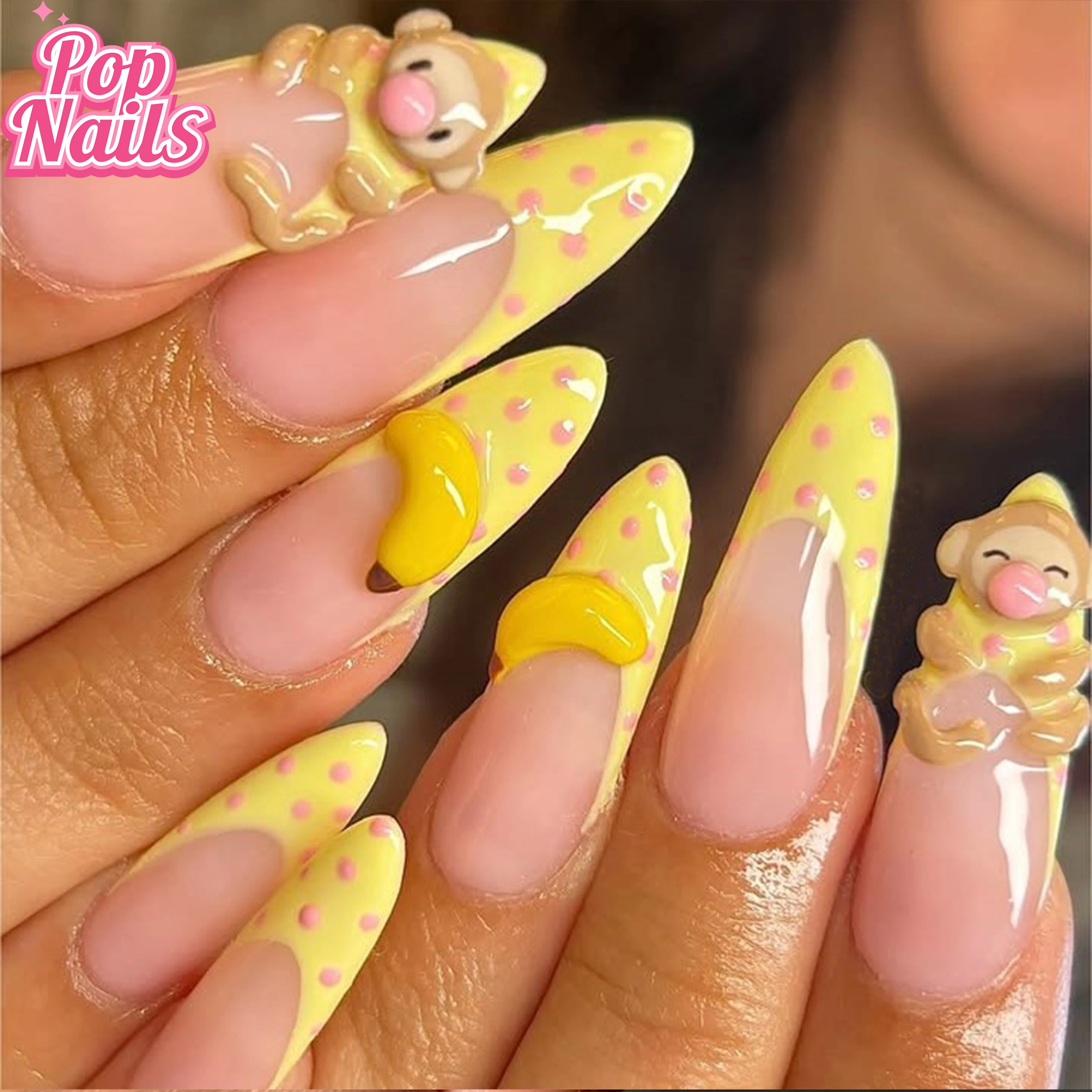 

10 шт., набор обезьян для ногтей, набор Uñas 3D гель для дизайна ногтей, желтые прессы, французские кончики, милые длинные миндалевидные акриловые ногти ручной работы
