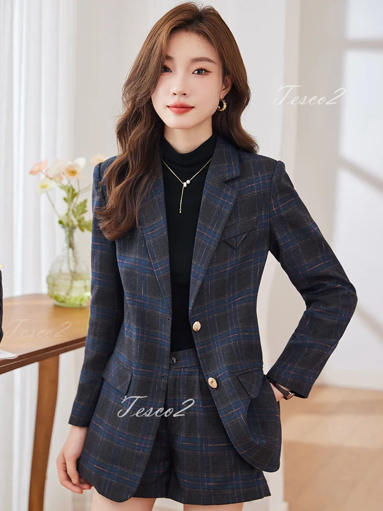 Tesco Fashion Plaid Women\'s Suit Blazer Spring Short Pants 2 Piece Casual Outfits For Prom Party England Style Pantsuit