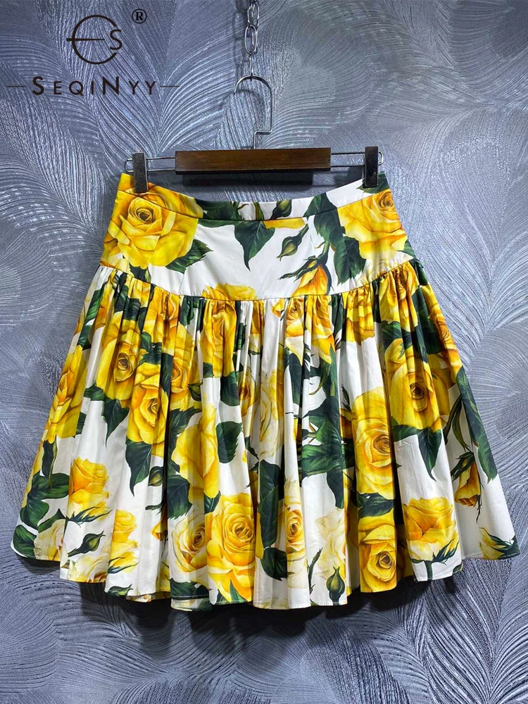 

SEQINYY 100% Cotton Skirt Summer Spring New Fashion Design Women Runway High Street Vintage Sicily Flower Print A-Line Holiday