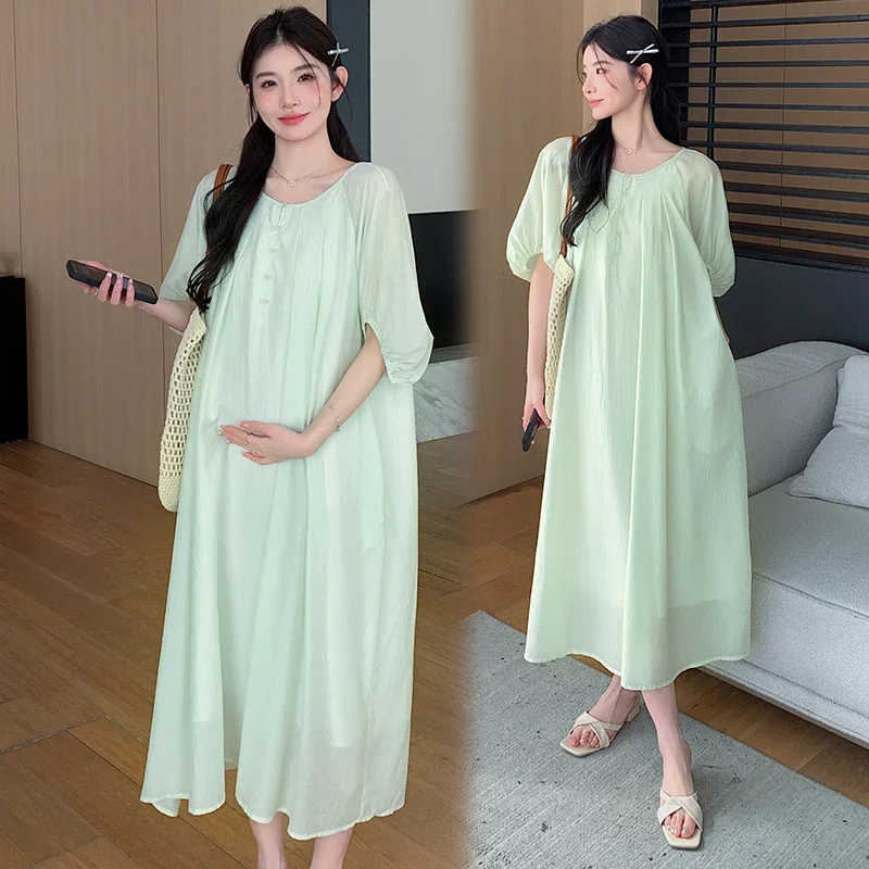 French Style Lantern Sleeves Pregnant Women Dress Button Fly Plus Size Maternity Beach Dress Long Loose Pregnancy Holiday Dress