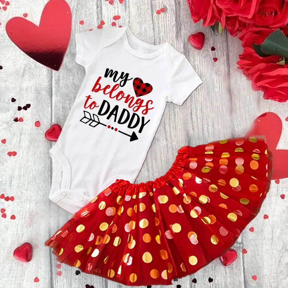 

Valentines Baby Dress Clothes My Heart Belongs To Daddy Print Valentine Dress Set Infant Valentine's Day Sequin Princess Dress