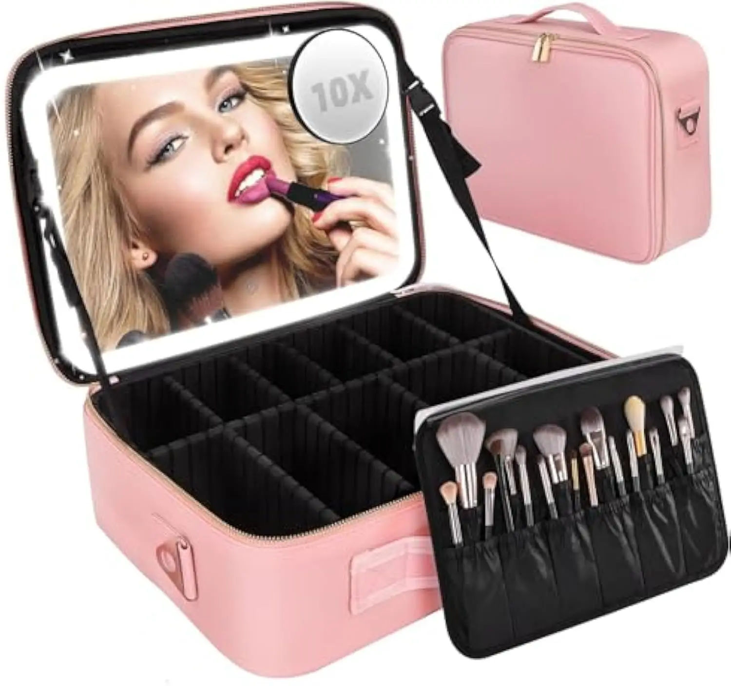 Duża kosmetyczka podróżna z lusterkiem LED dla kobiet, z lusterkiem powiększającym 10x i regulowanymi przegródkami.