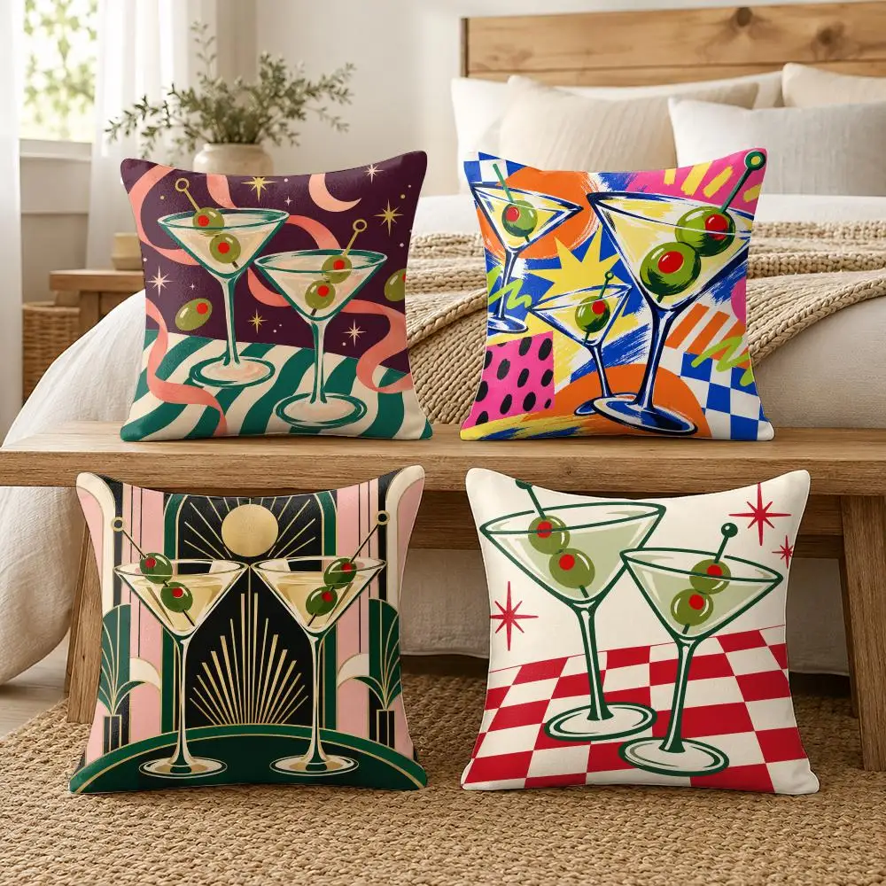 Martini Cocktail Retro Checkerboard Cushion Cover Soft Pillow Cases Hidden Zipper Cutecore Sofa Bedroom Home Decor Gift
