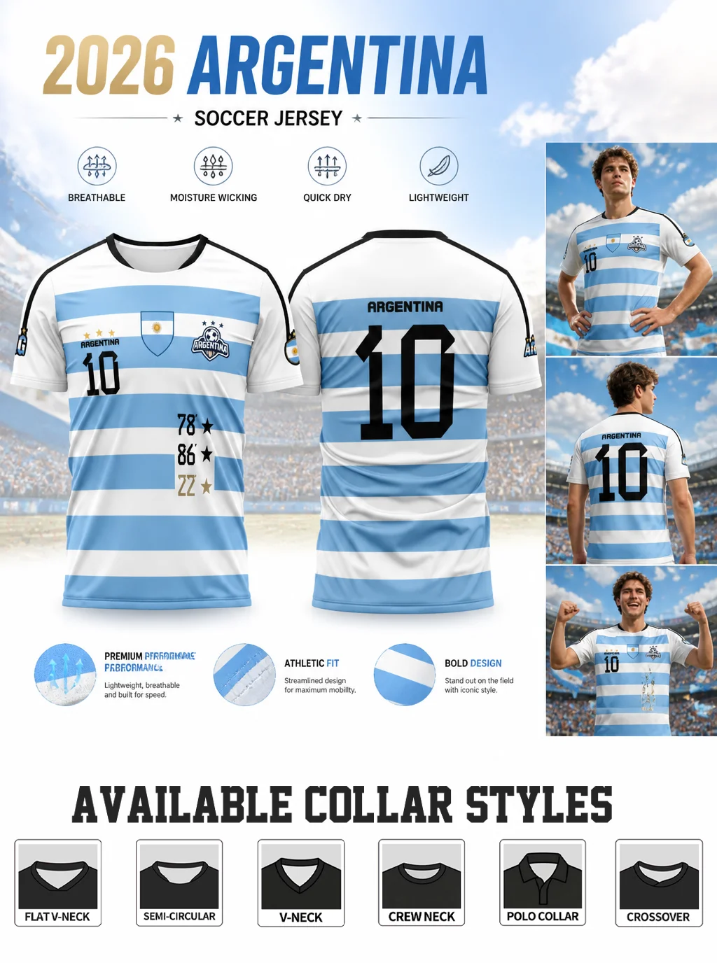 Classic light‑blue‑and‑white striped Argentina No.10 jersey adorned with chest badge and champion stars for team‑honor vibes