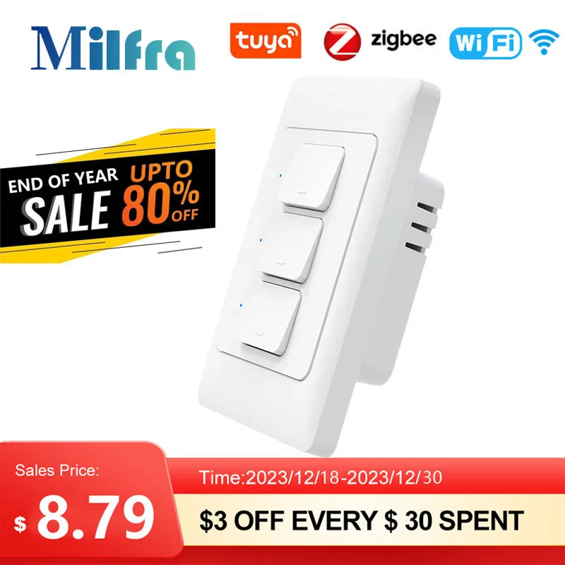 

Milfra Smart Light Switch WiFi Zigbee No Neutral Wire Required AU KR Brazil Wall Button Switches 1/2/3Gang AC100V-250V 50/60Hz