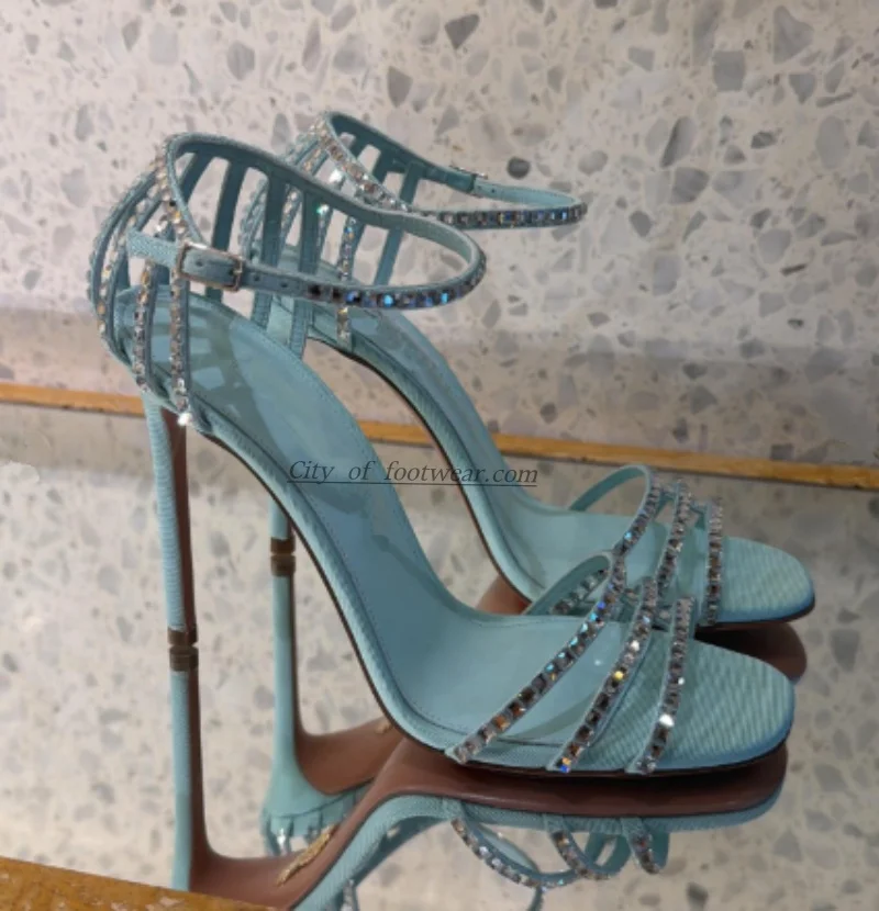 

Women's blue/sliver crystal diamond stilettos sandals leather open toe summer luxury designer high heels party soft shoes