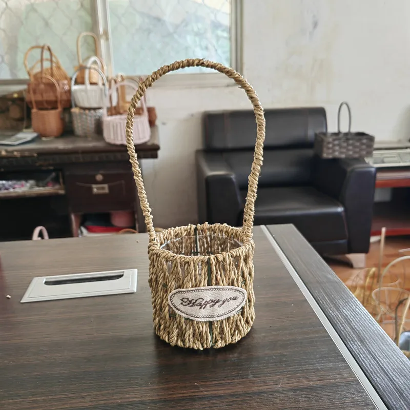 Handmade Willow Rattan Straw Woven Handbag Floral Vase Holder Basket Decor Unique Eco-Friendly Handwoven Baskets Wedding Gift