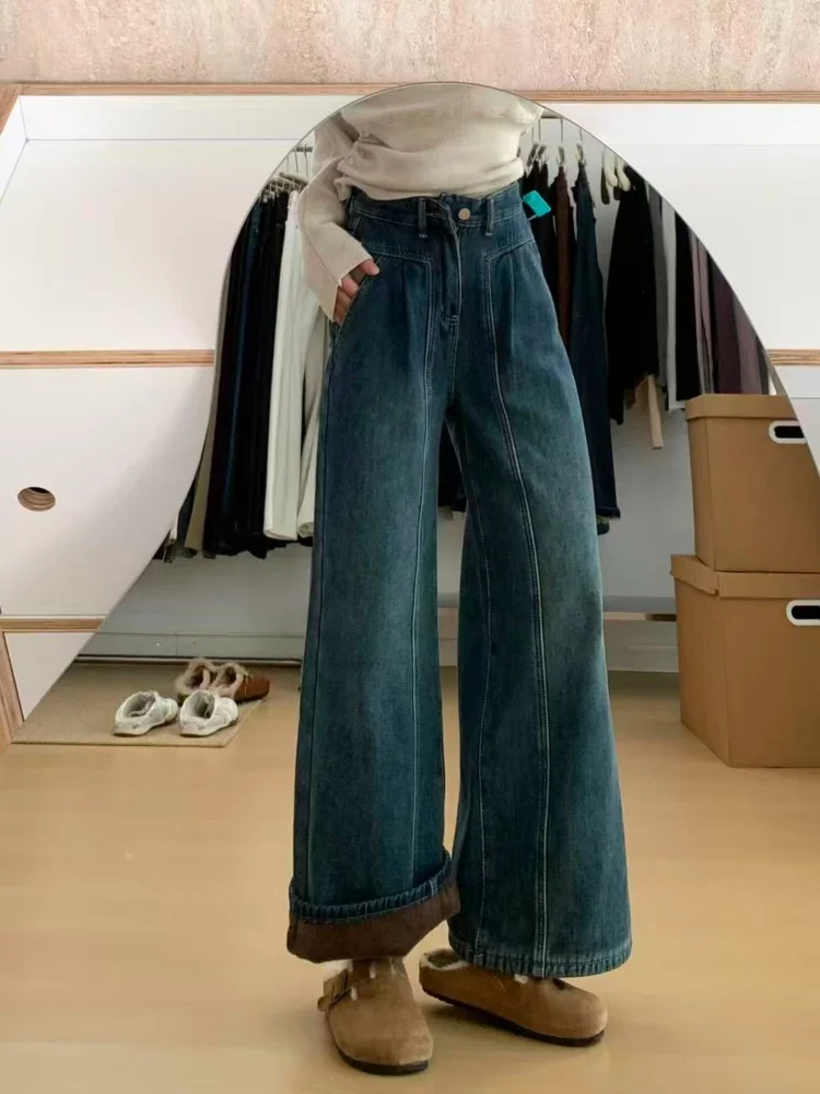 American Sle plus Size Women's Fce Lined Thiened Vintage Straight Leg Jeans Autumn Winter Loose Drapey Wide Leg Pants