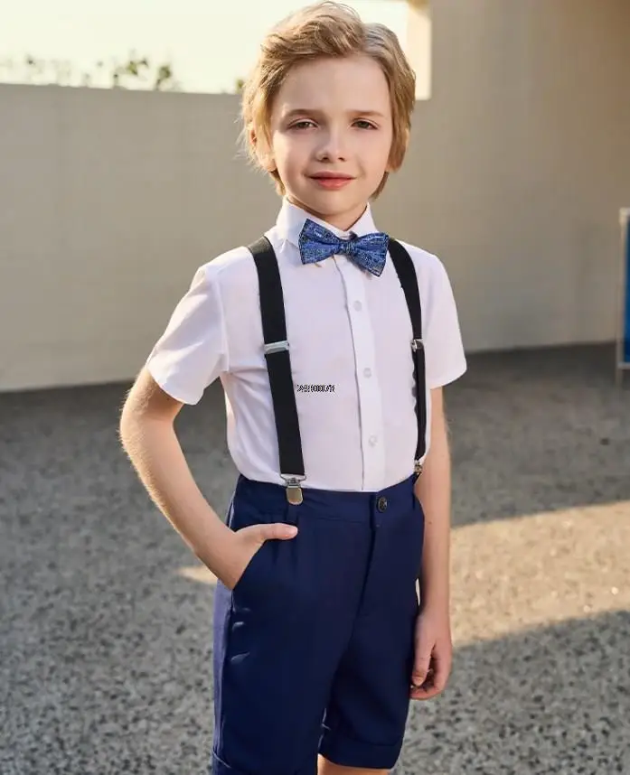 

Boys Graduation Ceremony Photograph Suit School Kids Shirt Strap Short Bowtie 4PCS Clothing Set Children Performance Costume