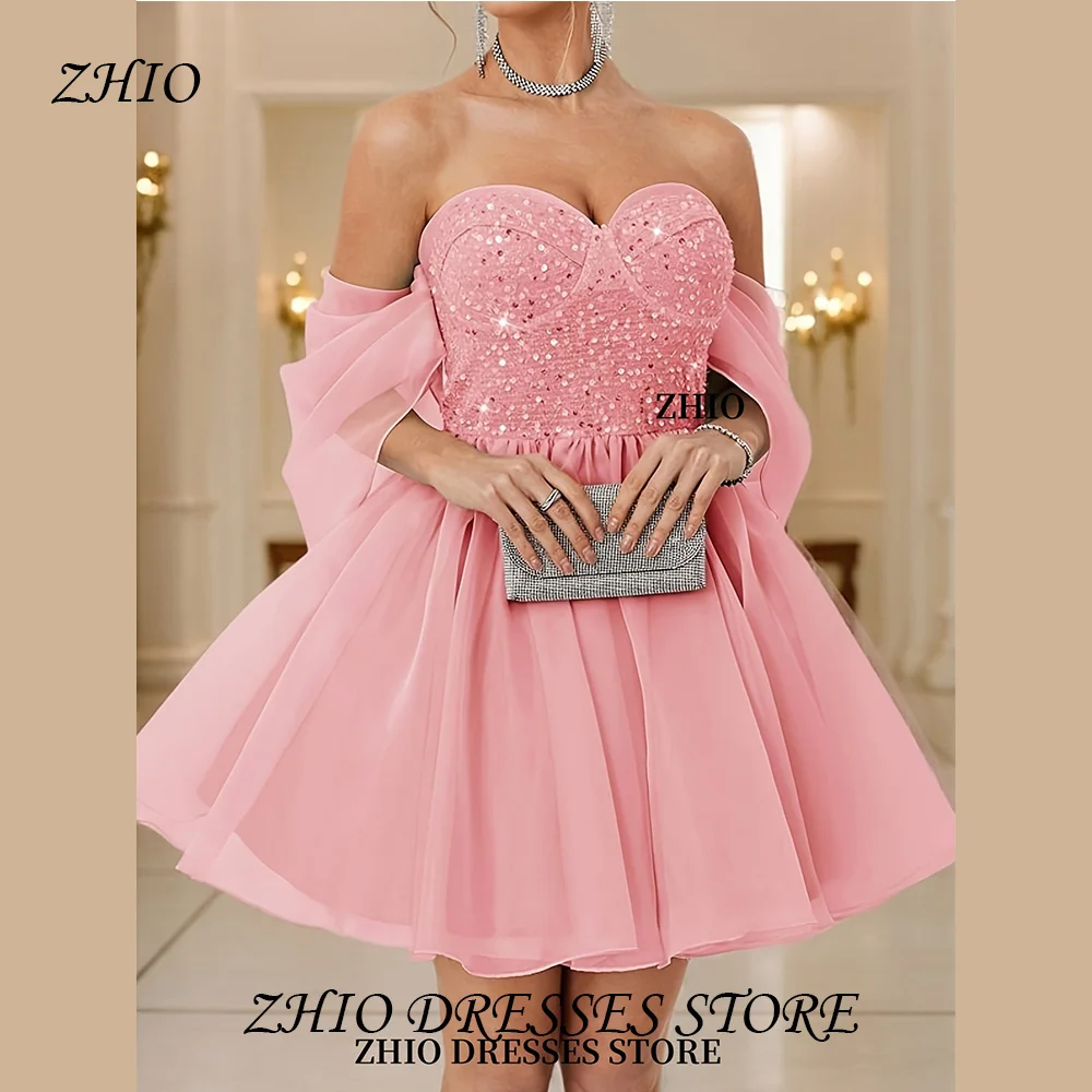 ZHIO Elegant Pink Sequin Strapless A-Line Mini Dress Candle Lace Skirt Suitable For Party Formal Events Customized