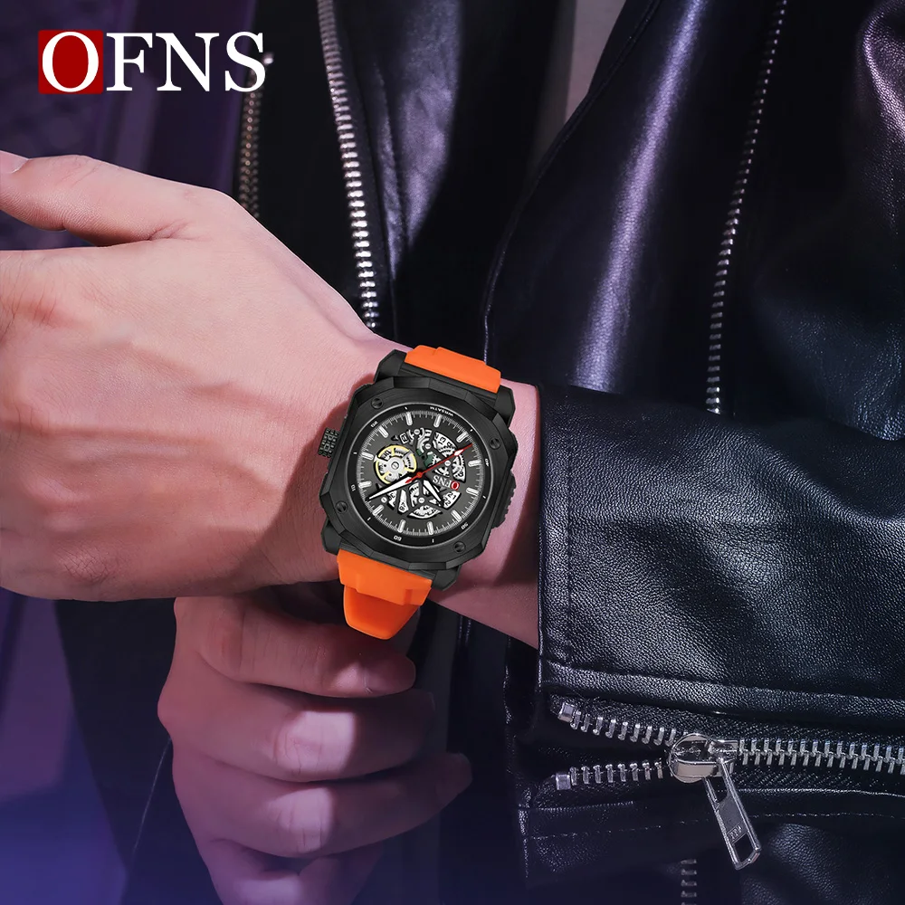 OFNS nuevo 8042 reloj de cuarzo de moda para hombres ahueca hacia fuera el reloj de cuarzo multifuncional impermeable con calendario y luz nocturna para hombres