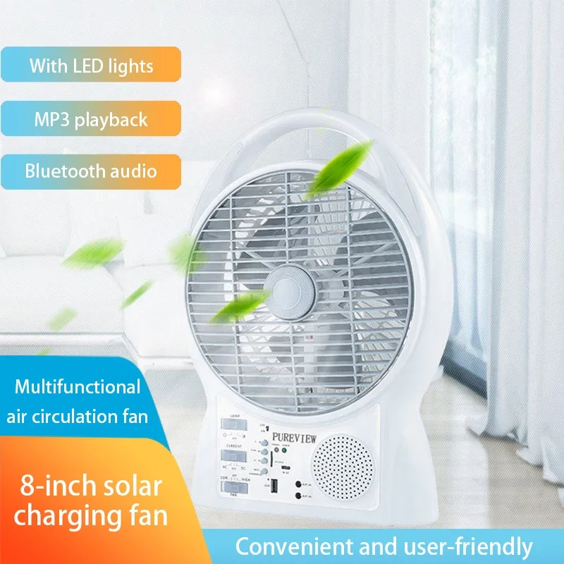 8-inch Portable Solar USB Charging Fan Bluetooth Multifunctional Large Wind Outdoor Camping Fan With LED Lamp Table Desktop Fan