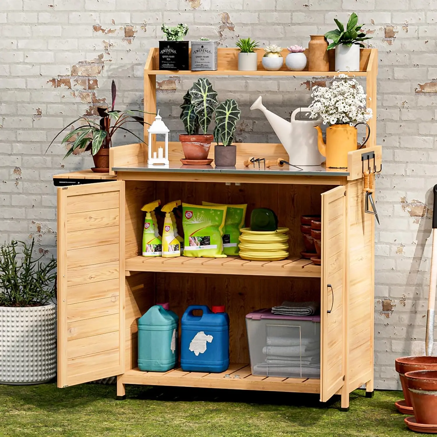 Potting Bench Table for Outside with Storage Cabinet, Solid Wood Garden Table for Outdoors with Metal Tabletop, Work Bench