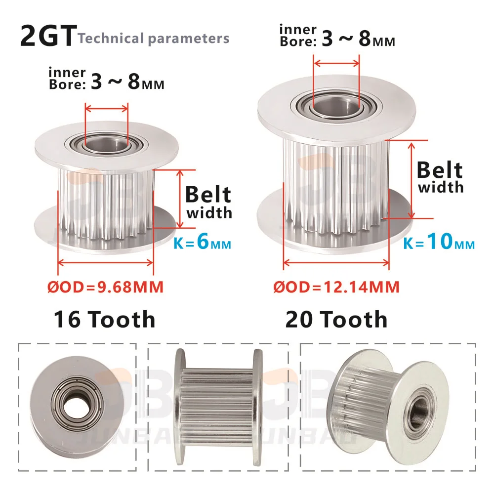 2GT 16T 20 tooth idler with bearings Bore 3 4 5 6 MM GT2Timing  pulley Belt Width 6 9 10 15 MM Regulating Wheel 3D Printer Parts