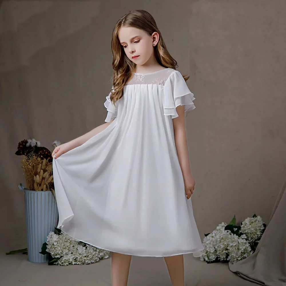 KYDYNQJ White Chiffon First Communion Dress Butterfly Sleeves Tea-Length Flower Girl Dress Junior Bridesmaid Gown