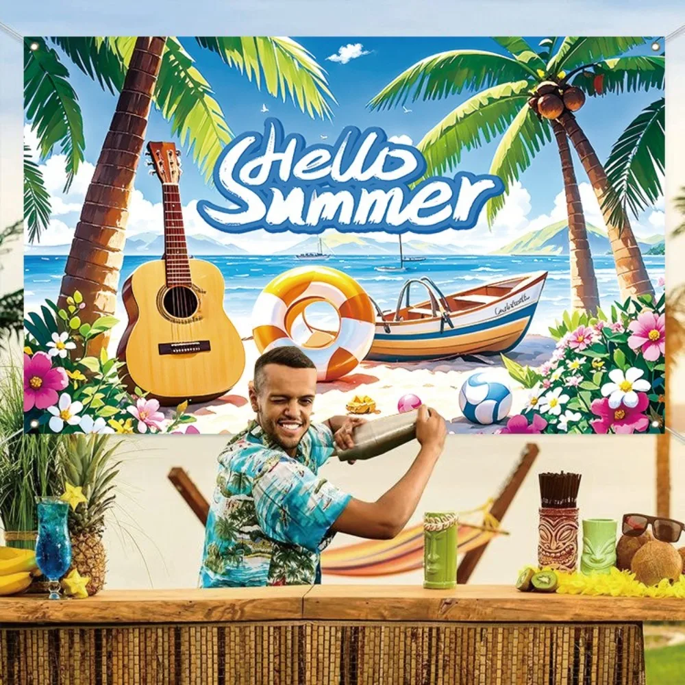 Tema Tropical Hola verano playa telón de fondo árbol de coco flor barco verano Fiesta EN LA Piscina telón de fondo salvavidas colores vibrantes