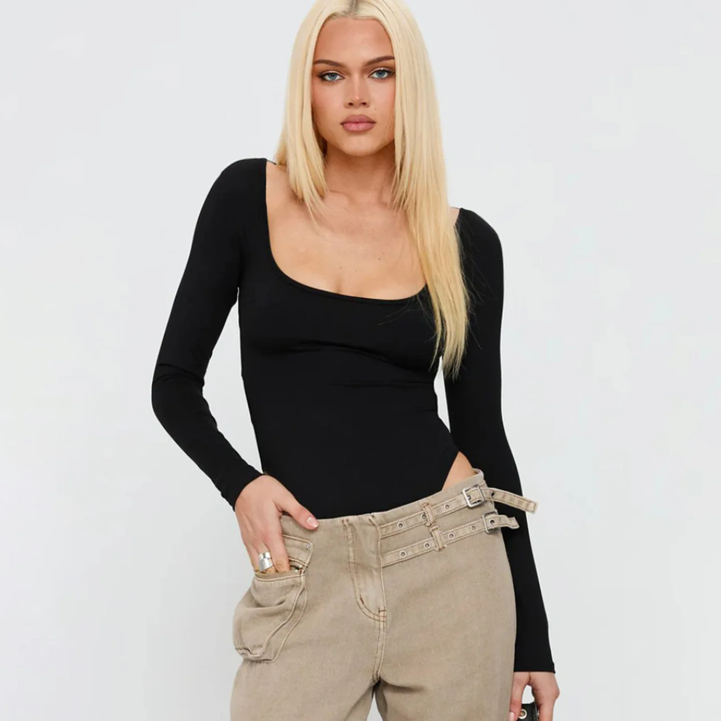 

Sexy Trendy One-Piece Suit Low Waist Silk Fabric Slimming Faion Square Collar Basic Sle for Slim Girls Nine Points Pants