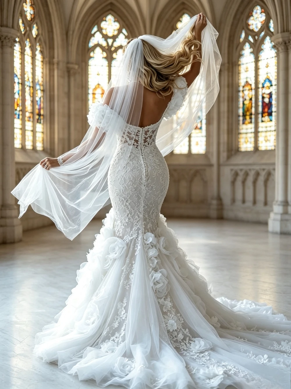Customized African Luxury Mermaid Wedding Dress Deep V Off Shoulder 3D Handmade Flower Lace Plus Size Layered Tulle Bridal Gown