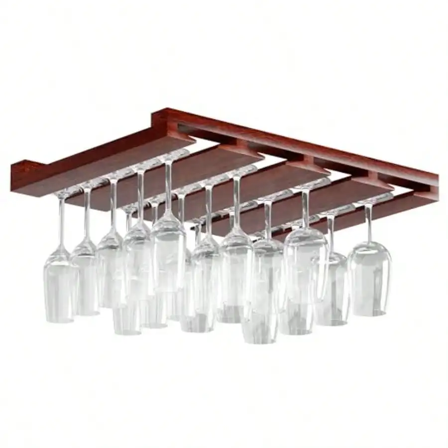 Rustic Wood Stemware Rack Under Cabinet Organizer