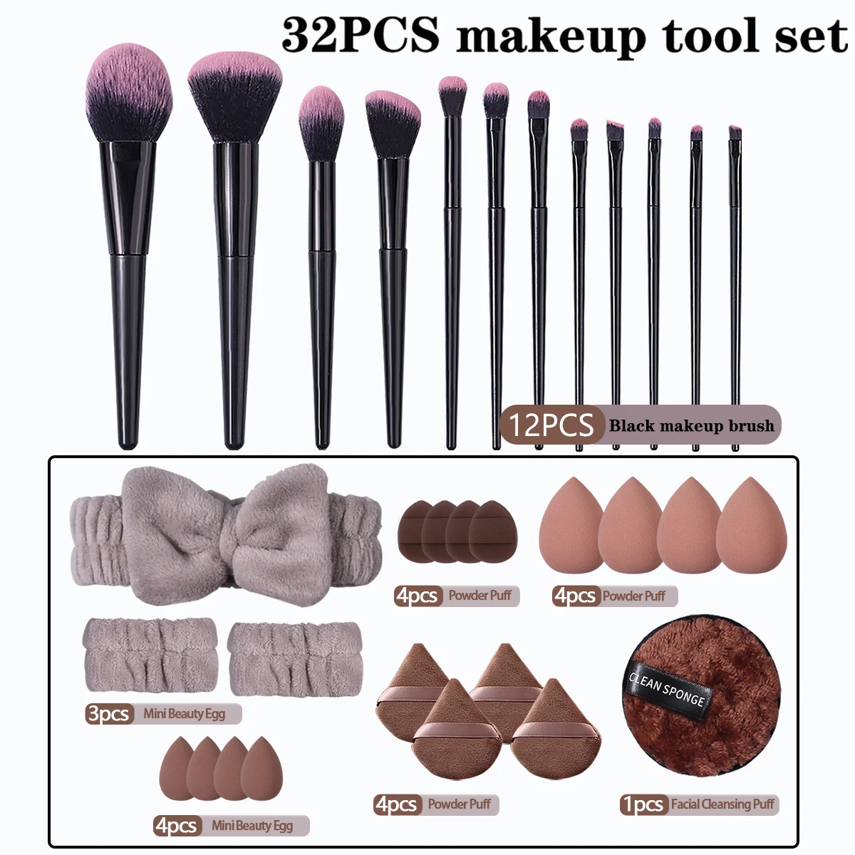

32PCS Professional Makeup Brush Set, 12 Makeup Brushes, Makeup Sponge, Powder Puff, Hairband, Wristband, Facial Cleansing puff