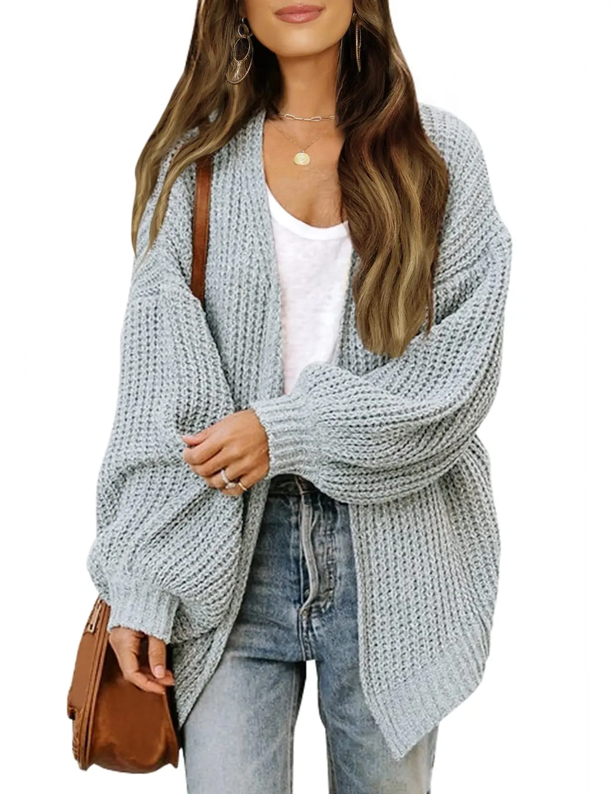 Women\'s lantern sleeve thick needle cardigan 2024 autumn and winter new item solid color pocket knitted sweater women\'s coat