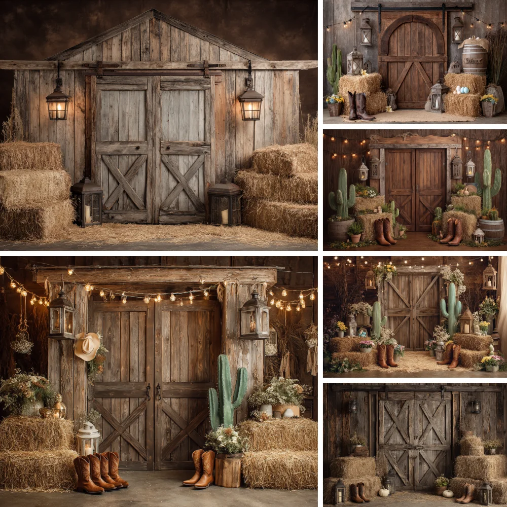 

Western Cowboy Theme Backdrop Rustic Farm Barn Door Haystack Cactus Guitar Decor Birthday Party Kids Boys Portrait Backgrounds