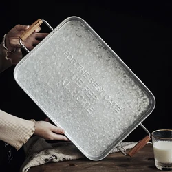 Extra Large Galvanized Iron Storage Tray with Wood Handles, Food Sundries Serving Tray Plate, Home Decoration Photographing