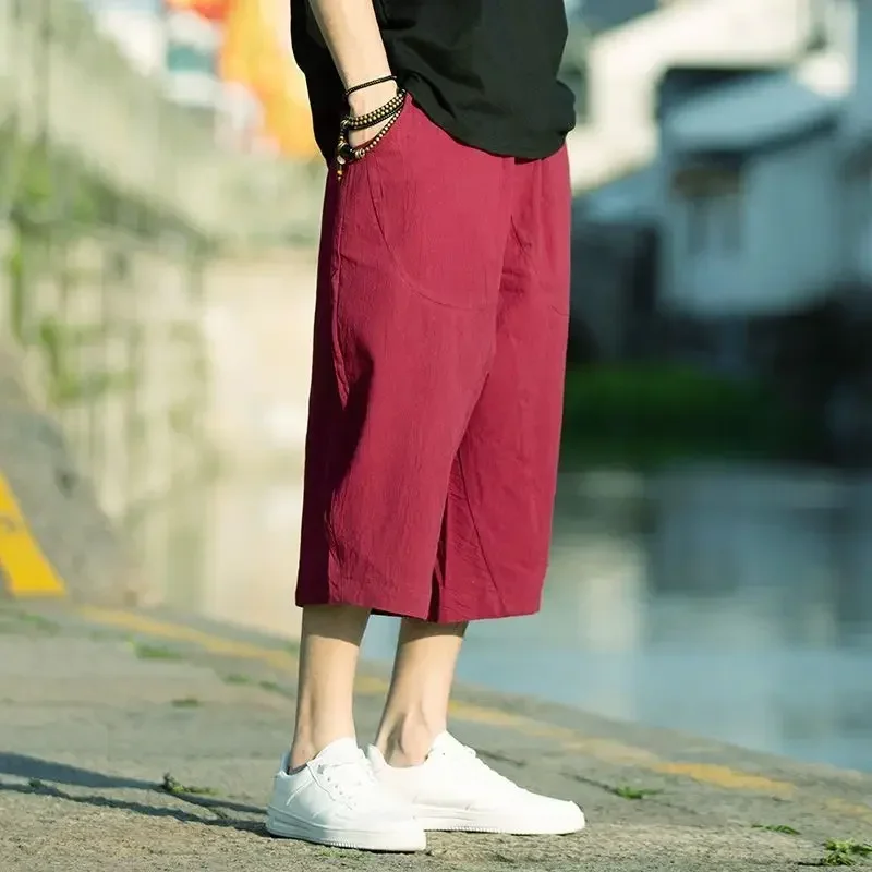 Summer Thin Cotton Linen Men's Loose Fit Seven-Foot Pants Wide Leg Casual Trousers Comfortable plus Size orts Trendy Faion