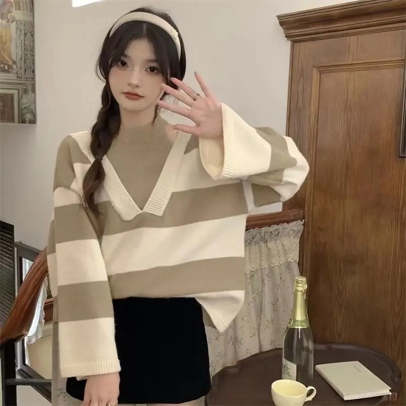 Design Halter Pullovers Women Sweater Ulzzang Fake Two Piece Striped Sweet Schoolgirl Lovely Baggy Свитер Женский Gentle Clothes