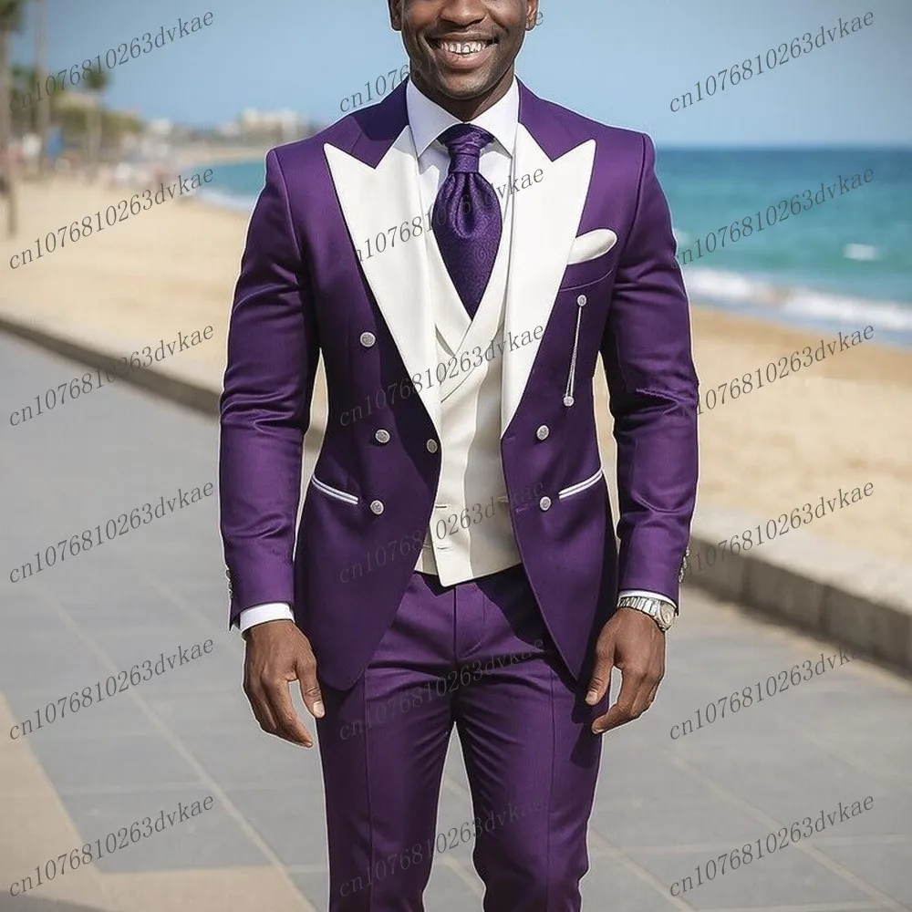 

Новый фиолетовый и белый мужской костюм для свадебной вечеринки, формальный жених, жених, выпускного вечера, деловые мужские смокинги, комплект из 3 предметов, куртка, жилет, брюки