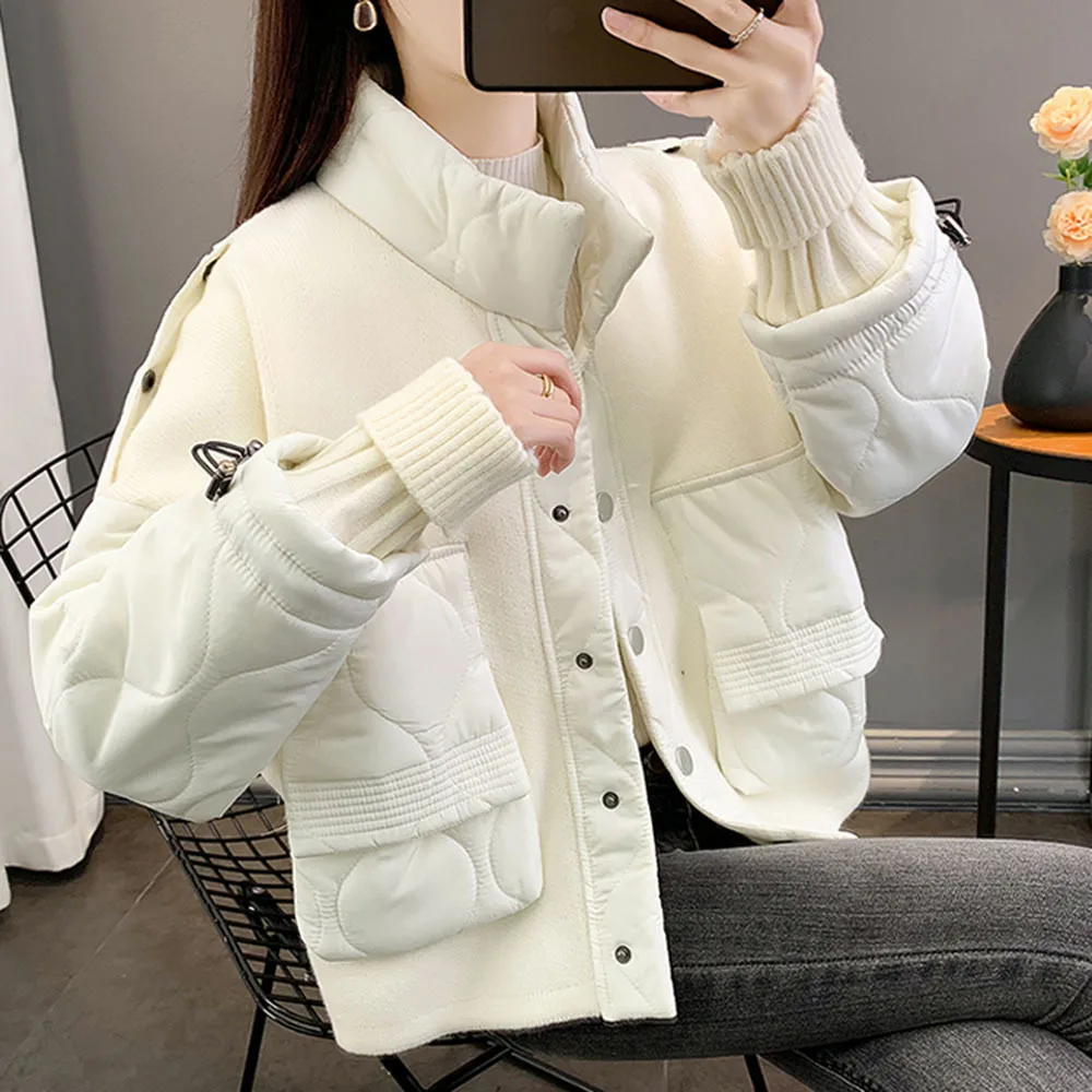 Stand Collar Cotton Coat Female Casual Splicing Single Breasted Jacket 2023 Autumn Winter Fashion Thicken Cardigan Short Outwear