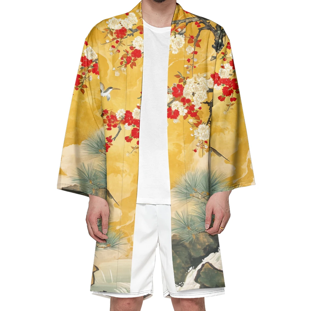 Kimono Samurai Yukata, Kimono mode Jepang, Kimono panjang Unisex, Haori, Retro, kardigan, cetakan lanskap, musim gugur