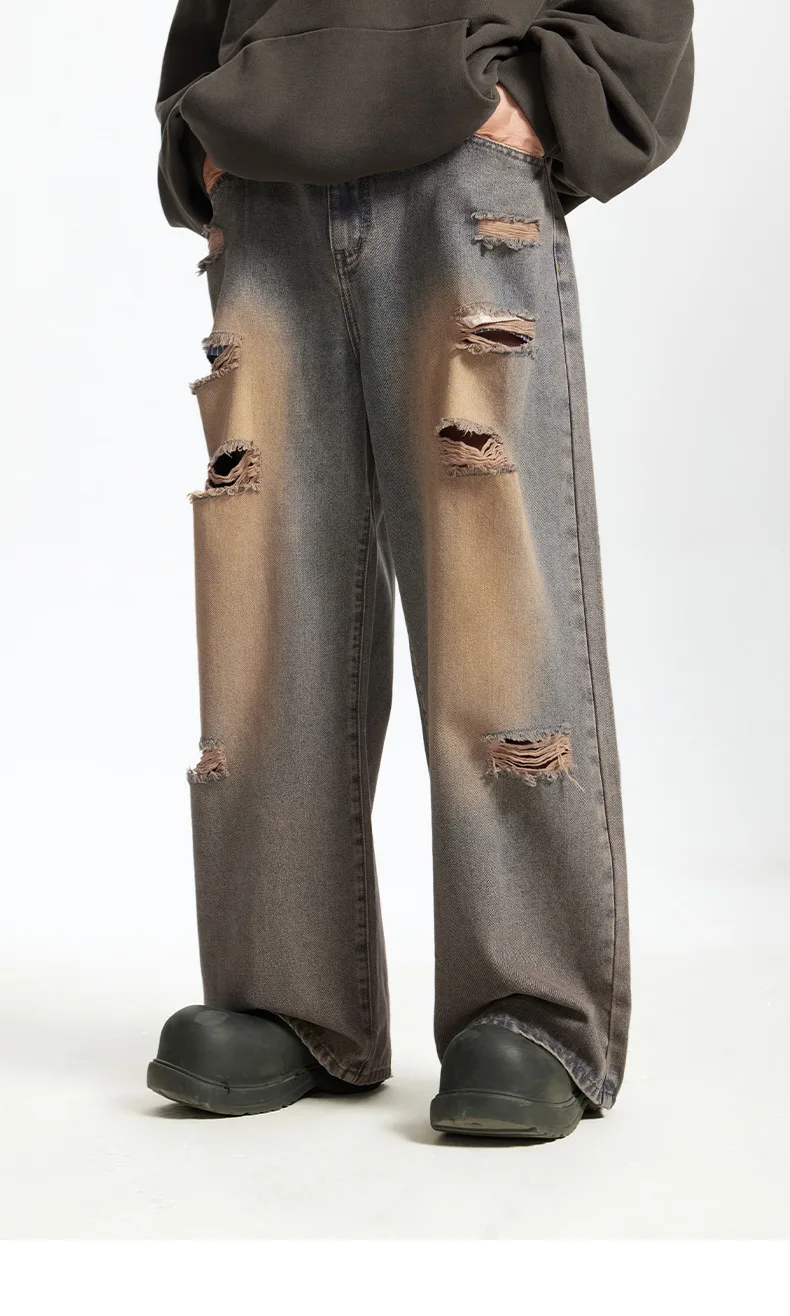 

2025 Men's Star Embroidery Ripped Jeans - Distressed Washed Wide Leg High Street Loose Straight Pants, Hiphop Streetwear Fashion