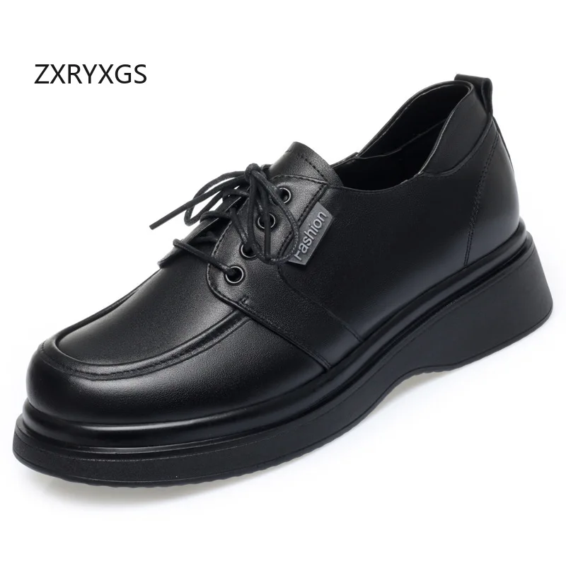 

ZXRYXGS British Style Lace-up Top Cowhide Leather Shoes Thick Sole Wedges Sneakers Casual Shoes Woman Elegant Comfortable Shoes