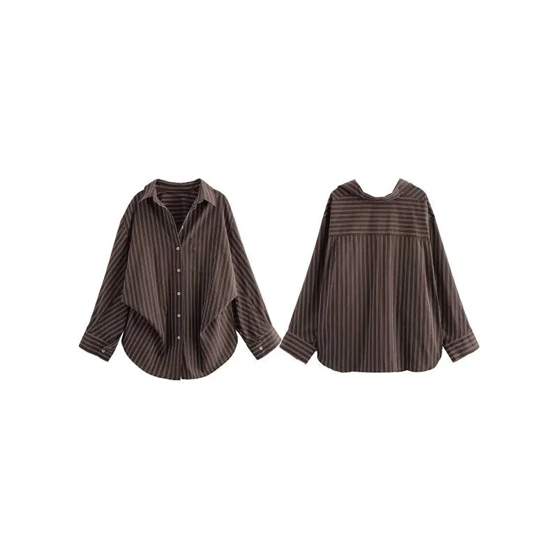

A24F-Female's Shirt Loose Casual Korean Style Commute Office Weekend Home Shirts For Women Blouses-Brown