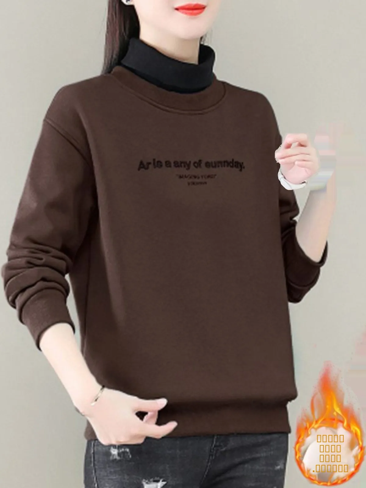 

Модный утепленный флисовый свитшот с высоким воротником для женщин, осенне-зимняя новинка, свободный крой, с принтом, длинный рукав