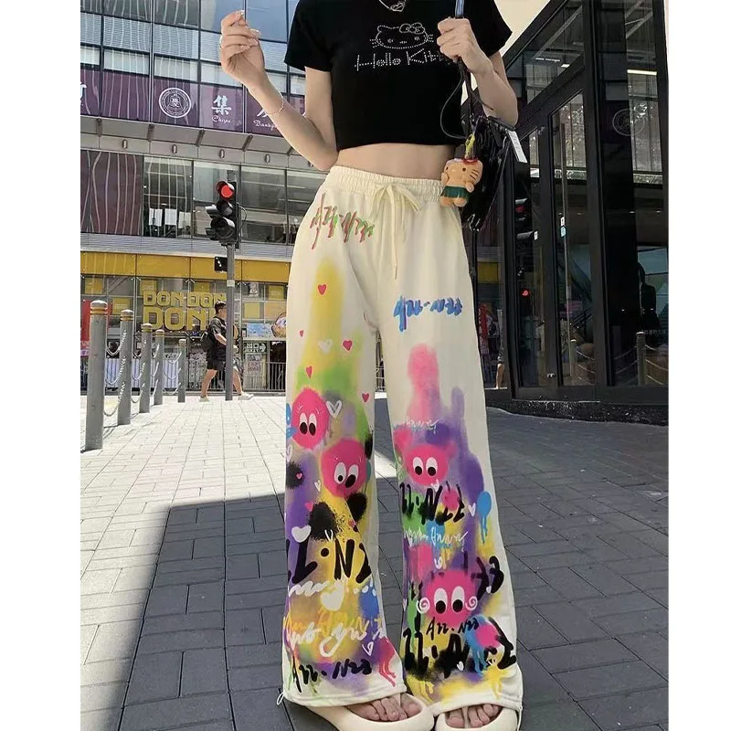 

Hand-Painted Printing Casual Women High Waist Drawstring Wide Leg Pants Summer Loose Elastic Waist Mopping the Floor Trousers