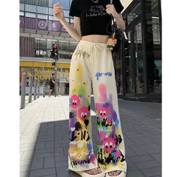 Pantalones de pierna ancha con estampado pintado a mano para mujer, pantalón informal de cintura alta con cordón, cintura elástica, holgado, para fregar el suelo, Verano