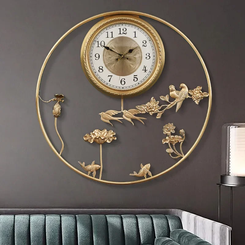 Pure copper new Chinese living room atmospheric wall clock brass luxury silent wall watch home Chinese style creative wall clock