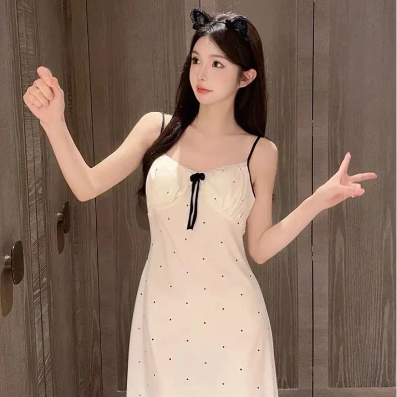 Sweet Cherry Print Nightgowns Spaghetti Strap Soft with Chest Pad Women Summer Camisole Sleep Dress Casual Home Sexy Loungewear