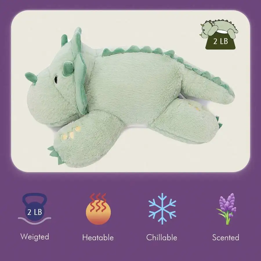 Microwavable 1.8 LB Weighted Stuffed Triceratops Animals Plush - 16 Inch Heated Dinosaur Plushie For Warmth & Comfort - Light Gr