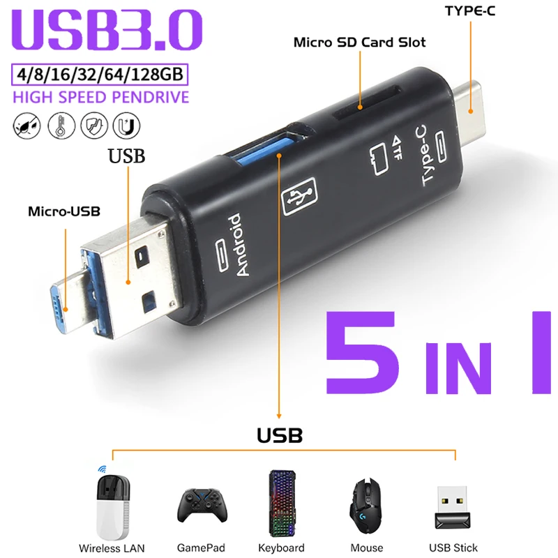 Type C & Micro USB & USB 5 in 1 USB 3.0 High-speed Universal OTG TF Card Reader for Android Phone Computer Extension Headers