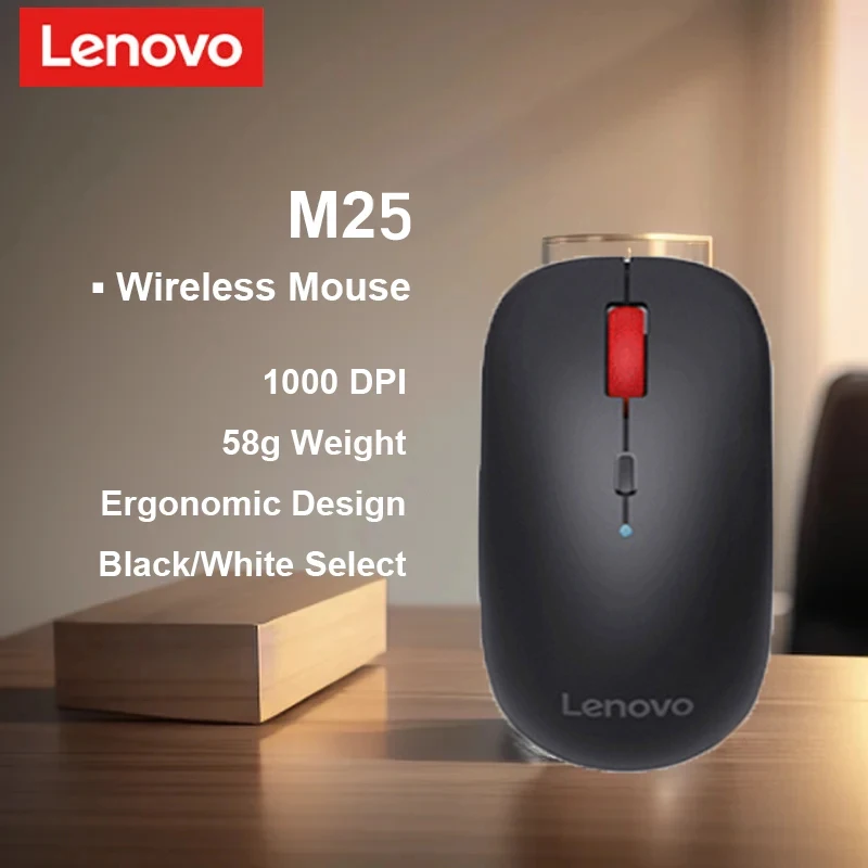 Lenovo M25 Wireless Mouse 1000 DPI 58G Weight Ergonomic Design Black White Choice Simple Portable Operation Silent Office Mouse