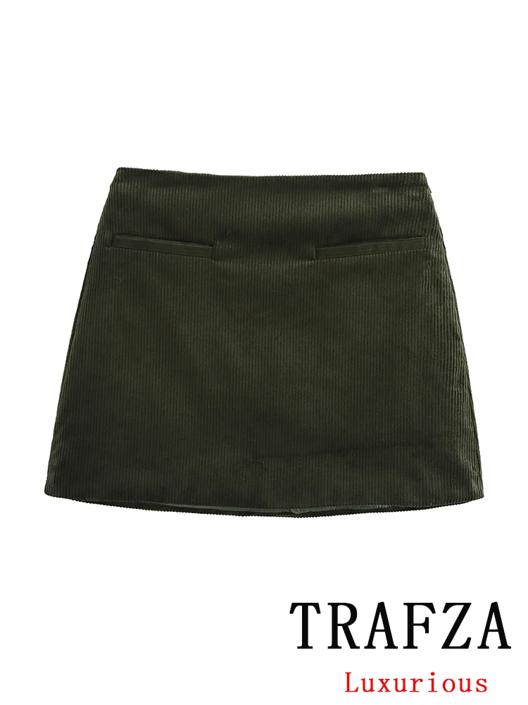 TRAFZA Vintage Casual Chic Women Skirt Corduroy Pockets Solid Zipper Straight Mini Skirt New Fashion 2024 Autumn Winter Skirts